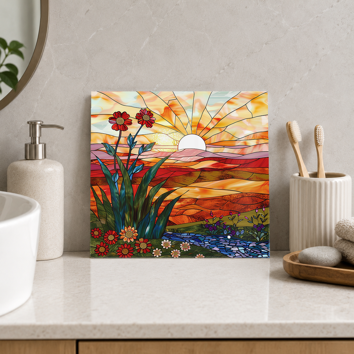 Red Flowers beneath Radiating Sunrise Tile displayed in the bathroom tile mock-up