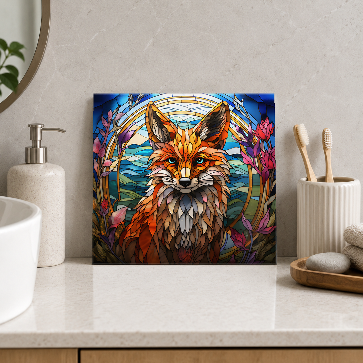 Red Fox in Floral Arch Tile displayed in the bathroom tile mock-up