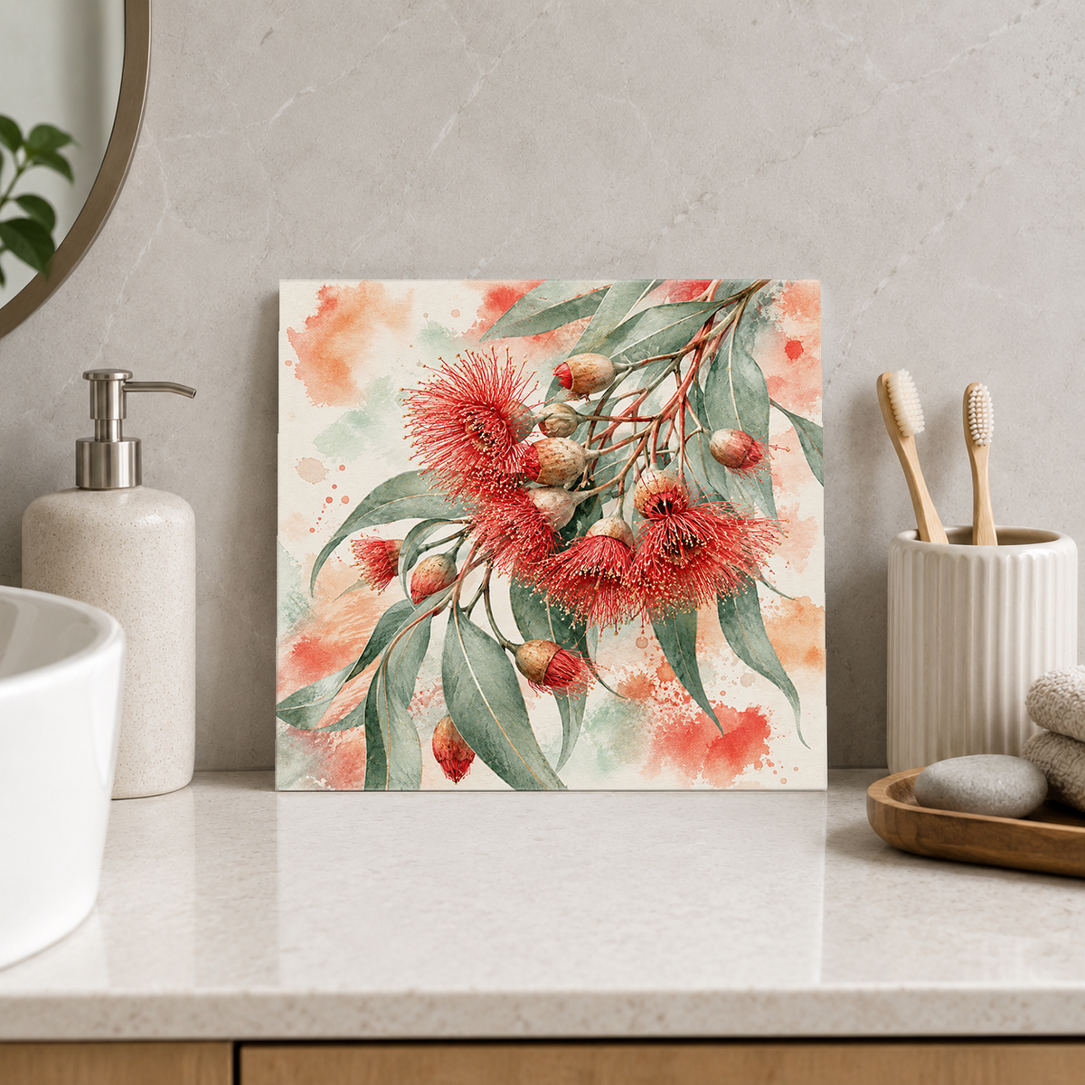 Red Gum Blossom ceramic decorative tile in Pop Color, shown in a room mockup