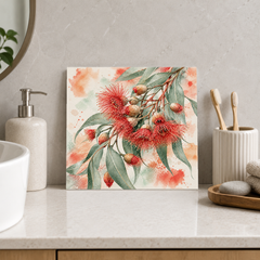 Red Gum Blossom ceramic decorative tile in Pop Color, shown in a room mockup