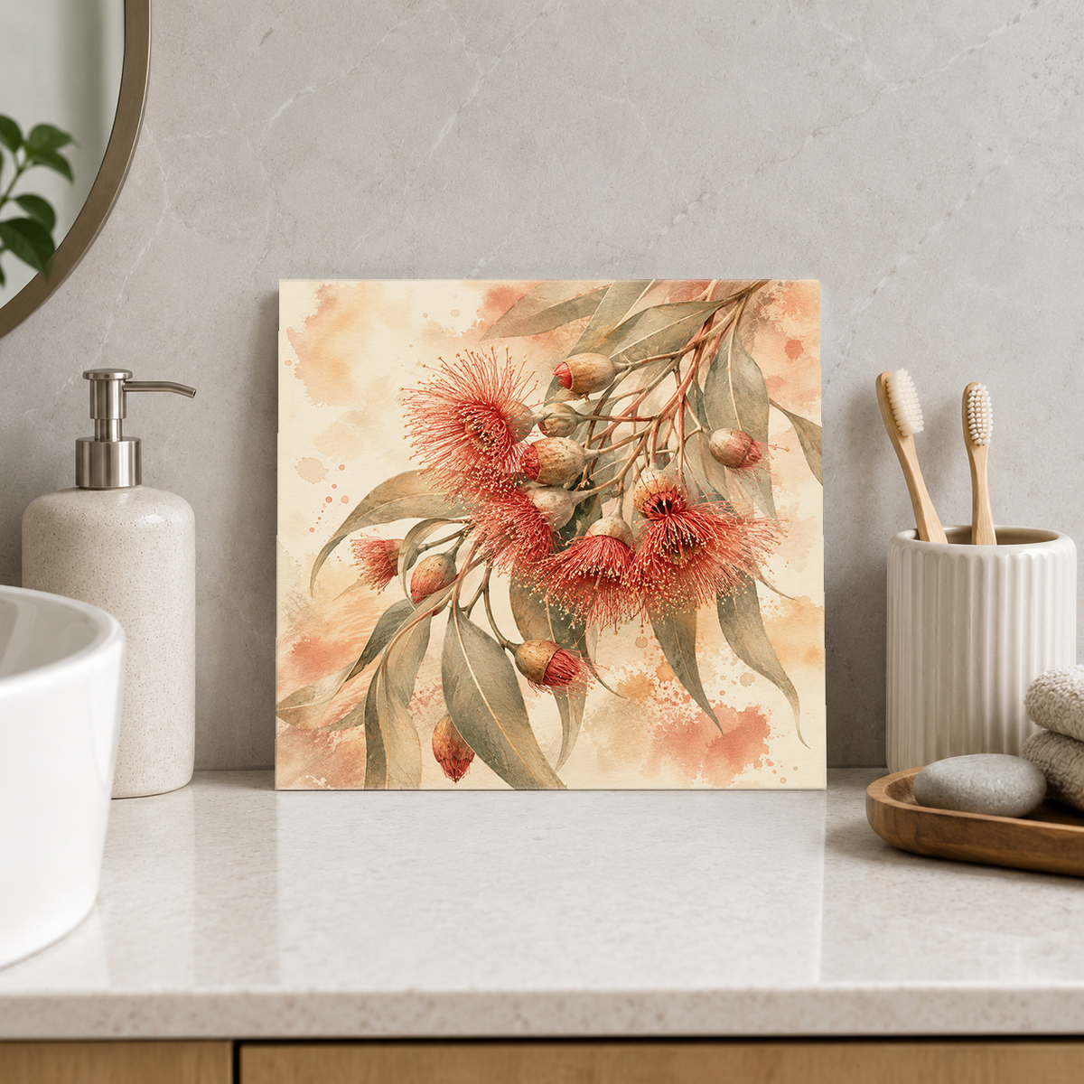 Red Gum Blossom ceramic decorative tile in Warm Country, shown in a room mockup
