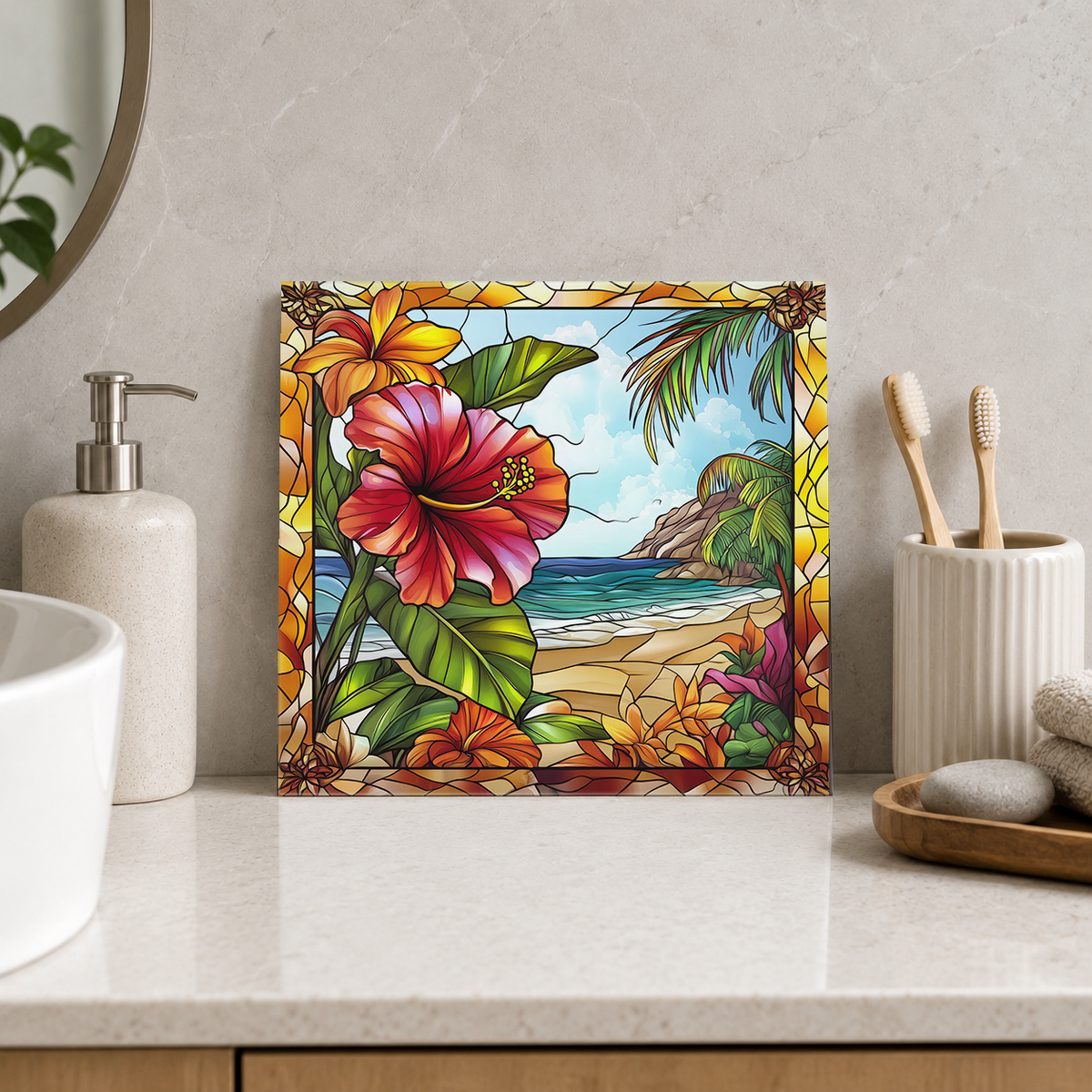Red Hibiscus above Rocky Beach Tile displayed in the bathroom tile mock-up