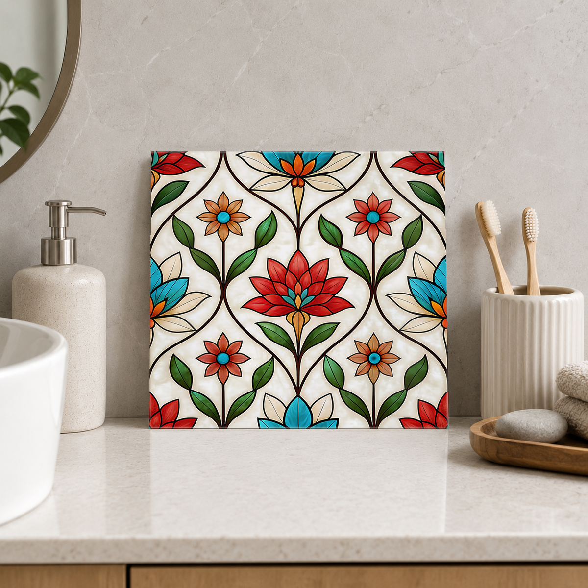 Red Lotus and Small Flower Stems Tile displayed in the bathroom tile mock-up