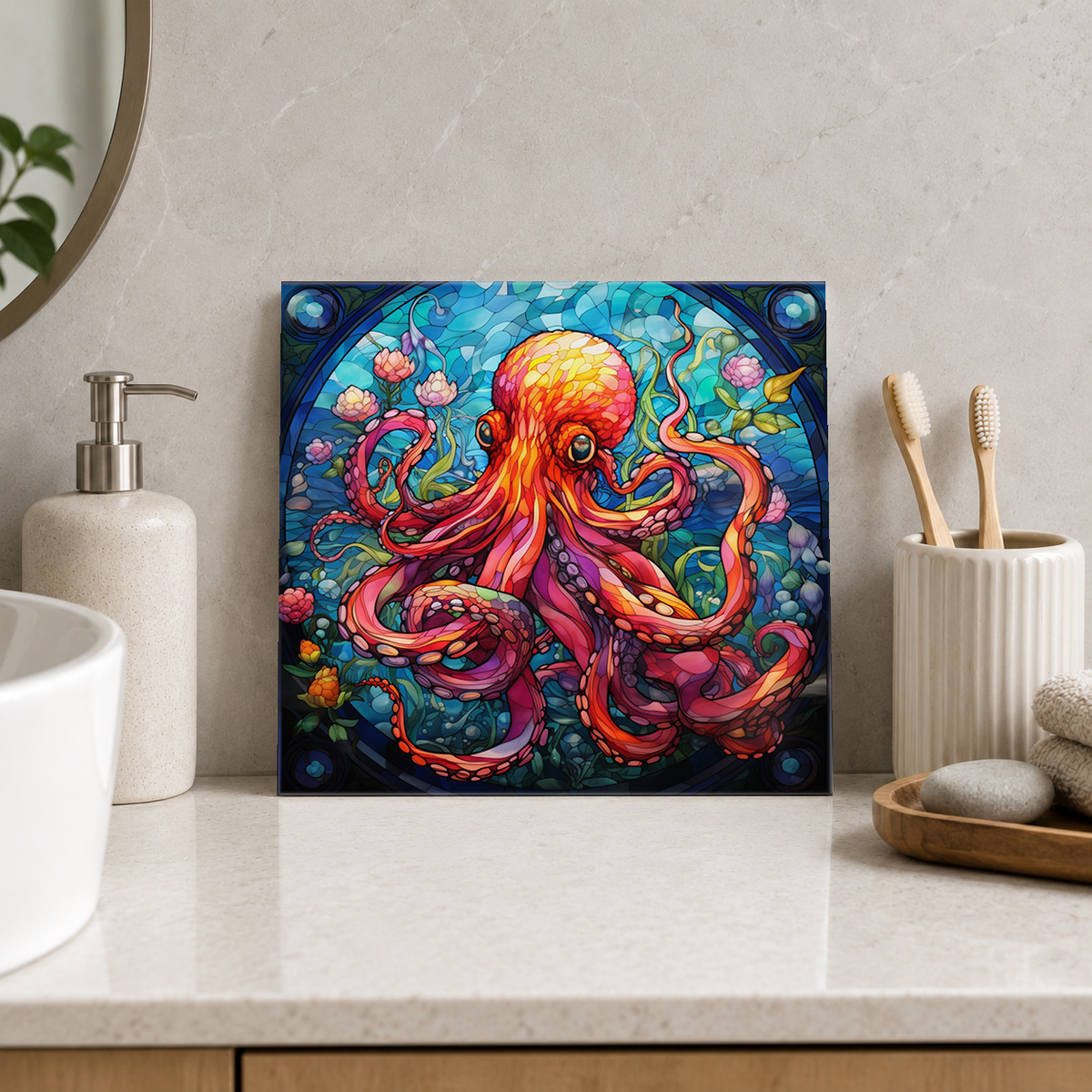 Red Octopus in Coral Reef Tile displayed in the bathroom tile mock-up