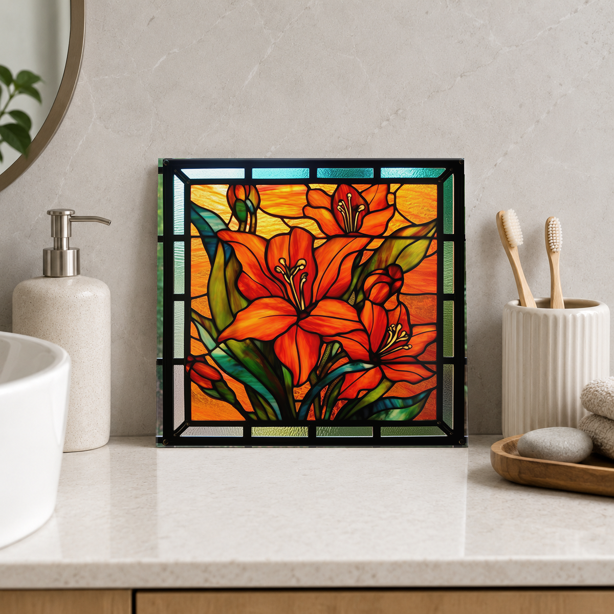 Red Orange Lilies in Sunset Window Tile displayed in the bathroom tile mock-up