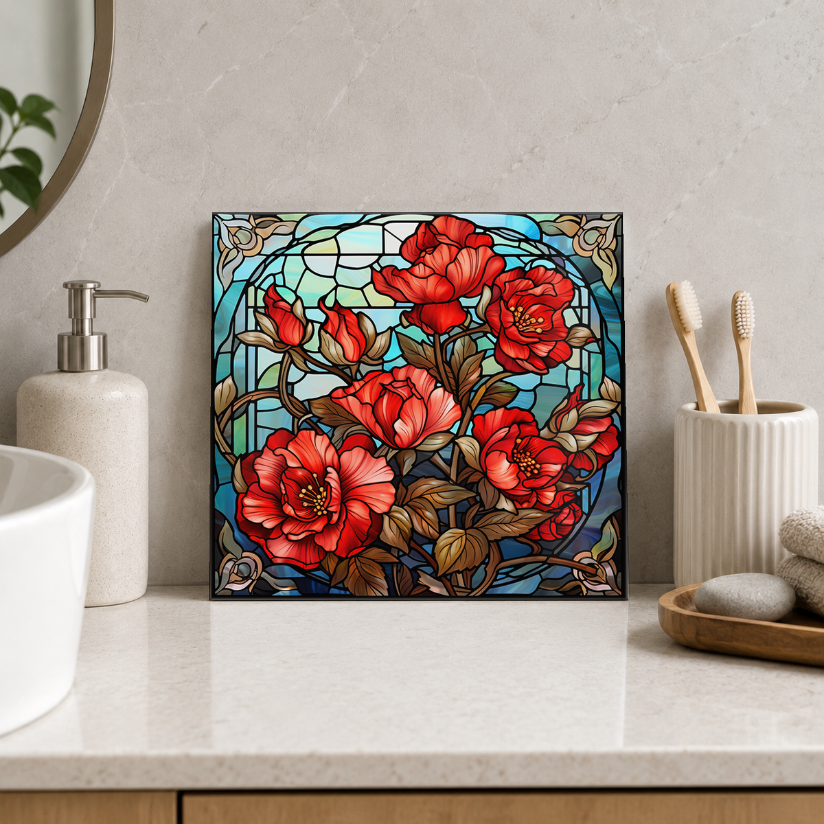 Red Poppy Bouquet in Pale Blue Frame Tile displayed in the bathroom tile mock-up
