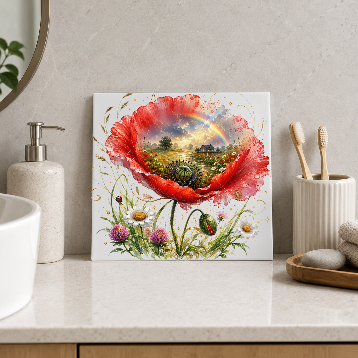 Red Poppy with Rainbow Countryside Tile displayed in the bathroom tile mock-up