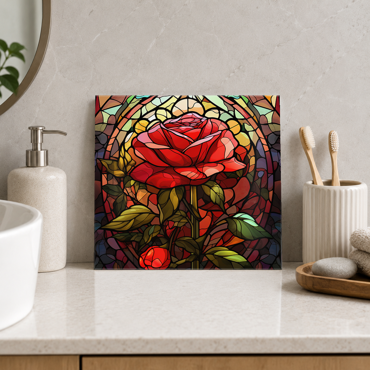 Red Rose in Mosaic Arch Tile displayed in the bathroom tile mock-up