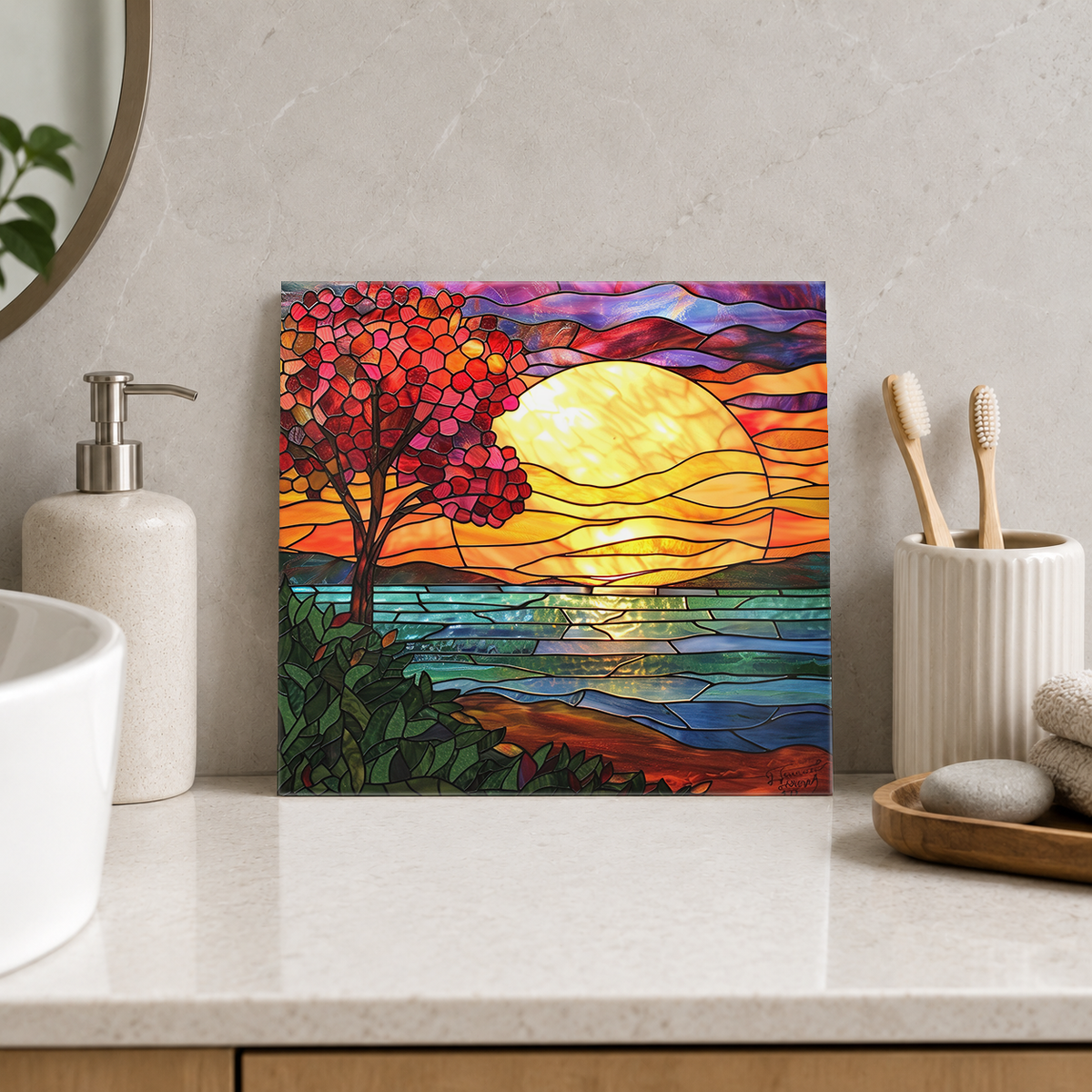 Red Tree beside Golden Sunset Sea Tile displayed in the bathroom tile mock-up