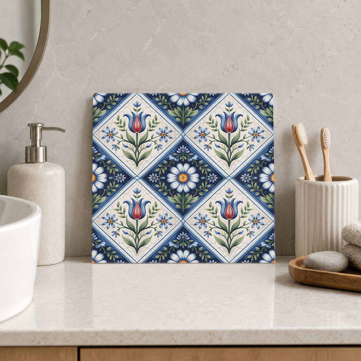Red Tulips and Daisy Diamonds Tile displayed in the bathroom tile mock-up