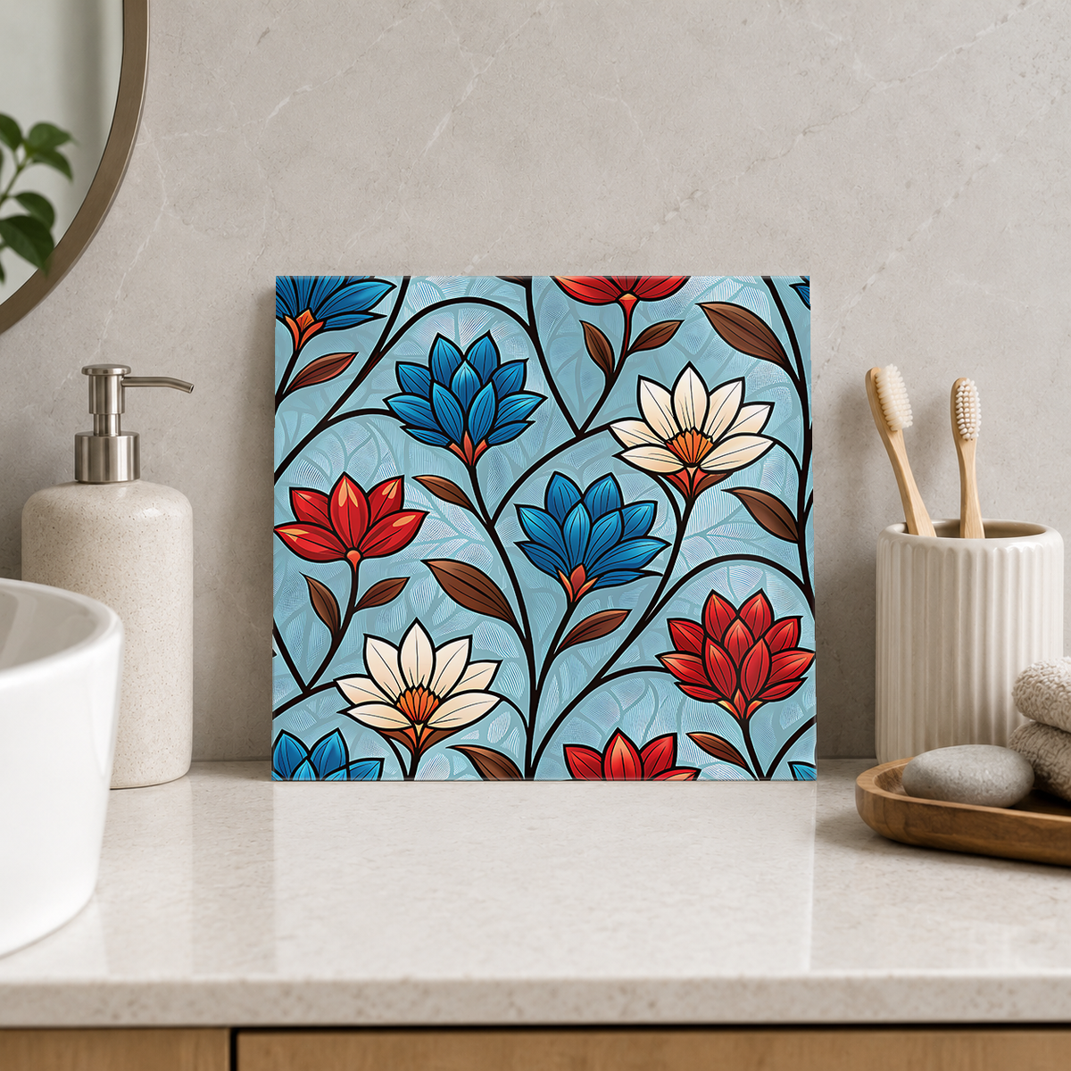 Red White and Blue Flower Stems Tile displayed in the bathroom tile mock-up