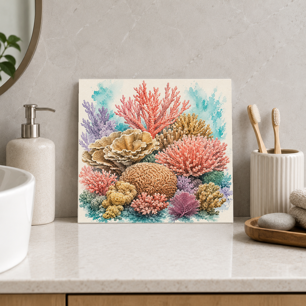 Reef Garden ceramic decorative tile in Pop Color, shown in a room mockup