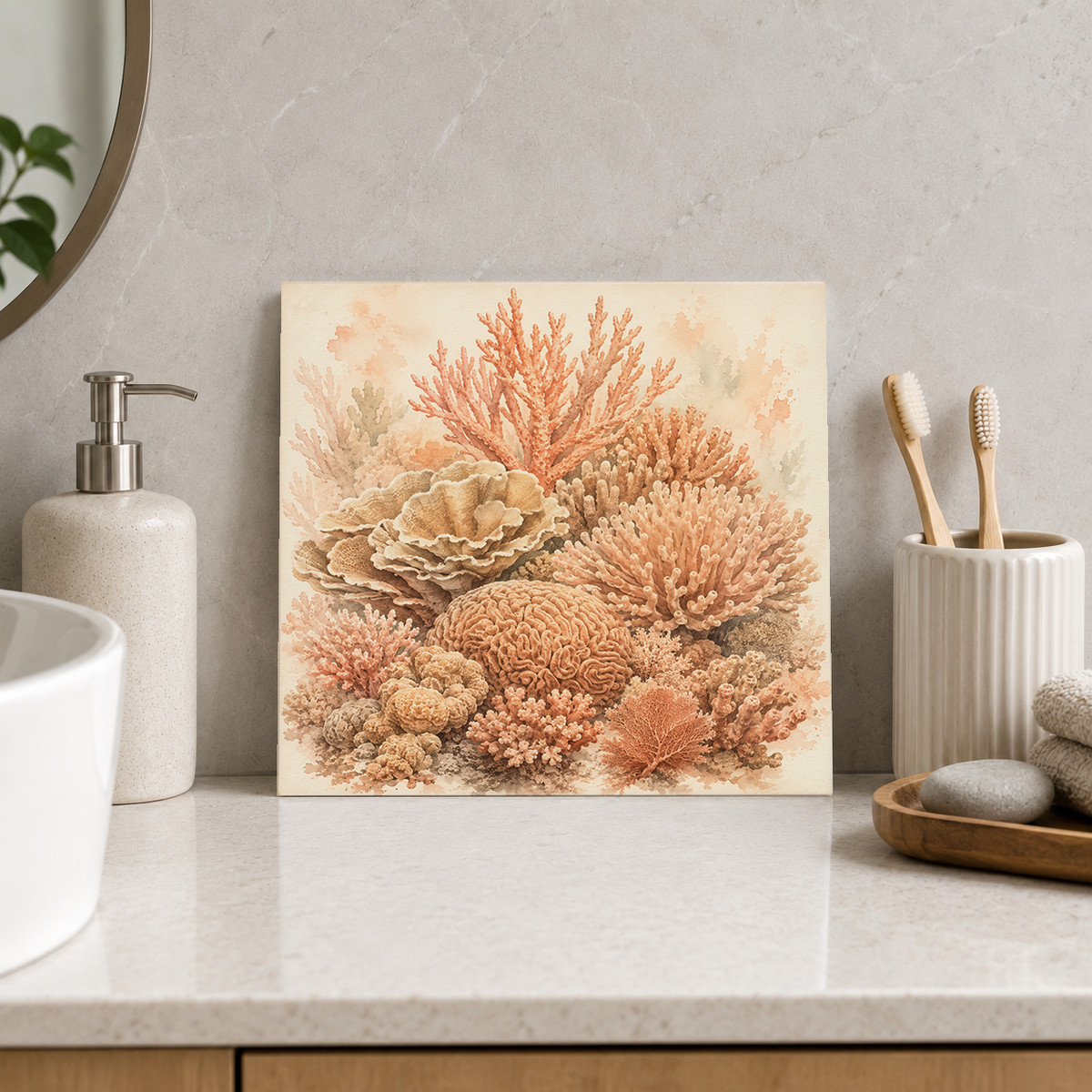 Reef Garden ceramic decorative tile in Warm Country, shown in a room mockup