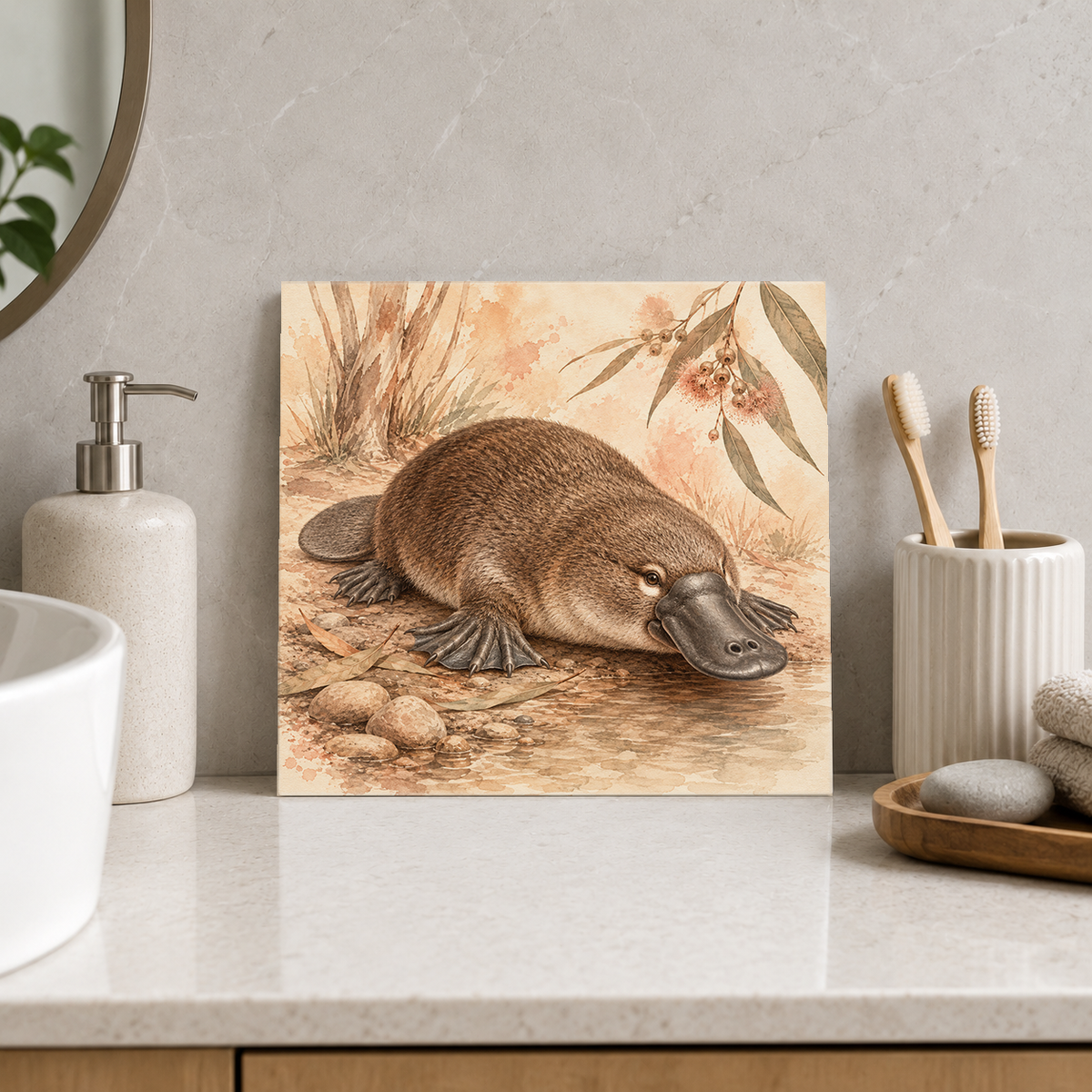 Resting Platypus ceramic decorative tile in Warm Country, shown in a room mockup