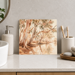 River Gums ceramic decorative tile in Warm Country, shown in a room mockup