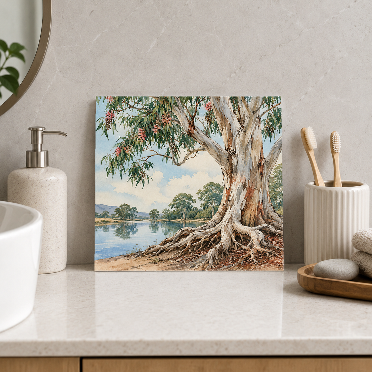 River Red Gum ceramic decorative tile in Pop Color, shown in a room mockup