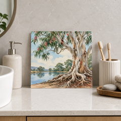 River Red Gum ceramic decorative tile in Pop Color, shown in a room mockup