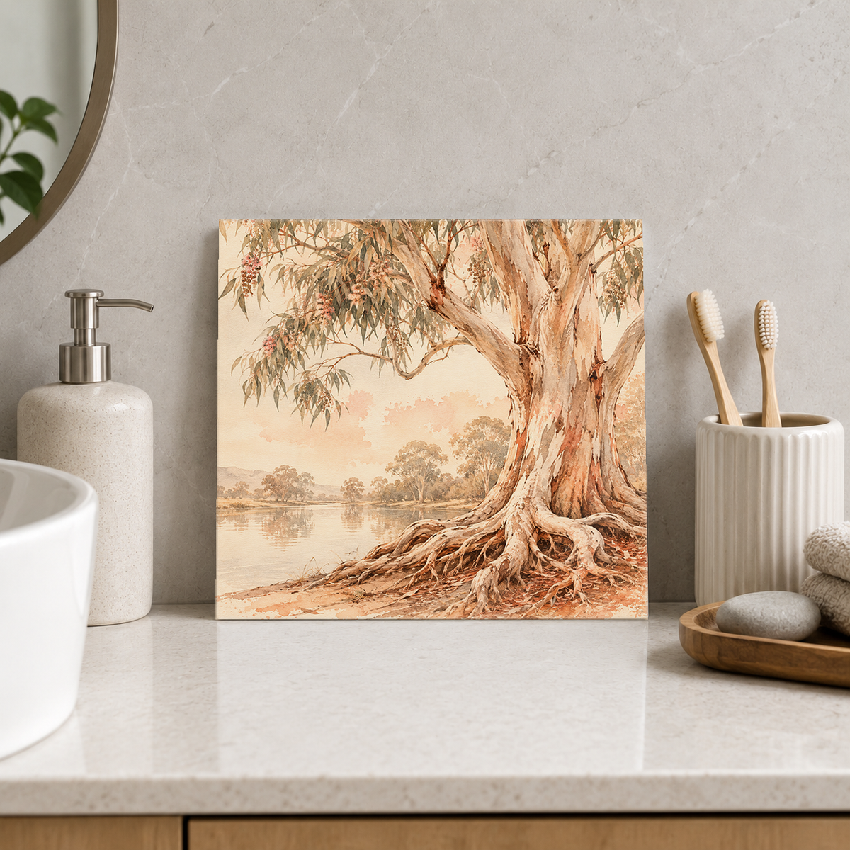 River Red Gum ceramic decorative tile in Warm Country, shown in a room mockup