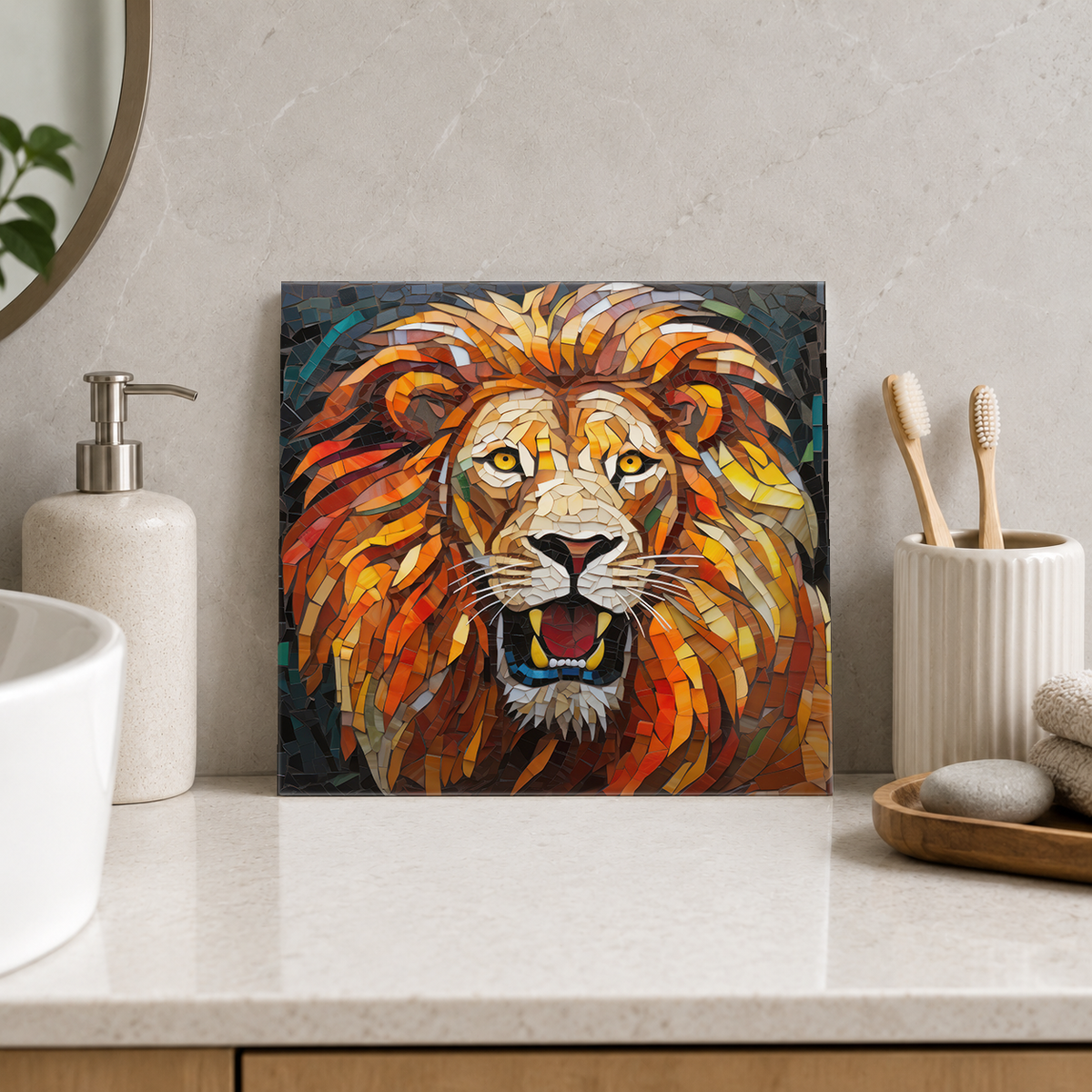 Roaring Golden Lion Tile displayed in the bathroom tile mock-up