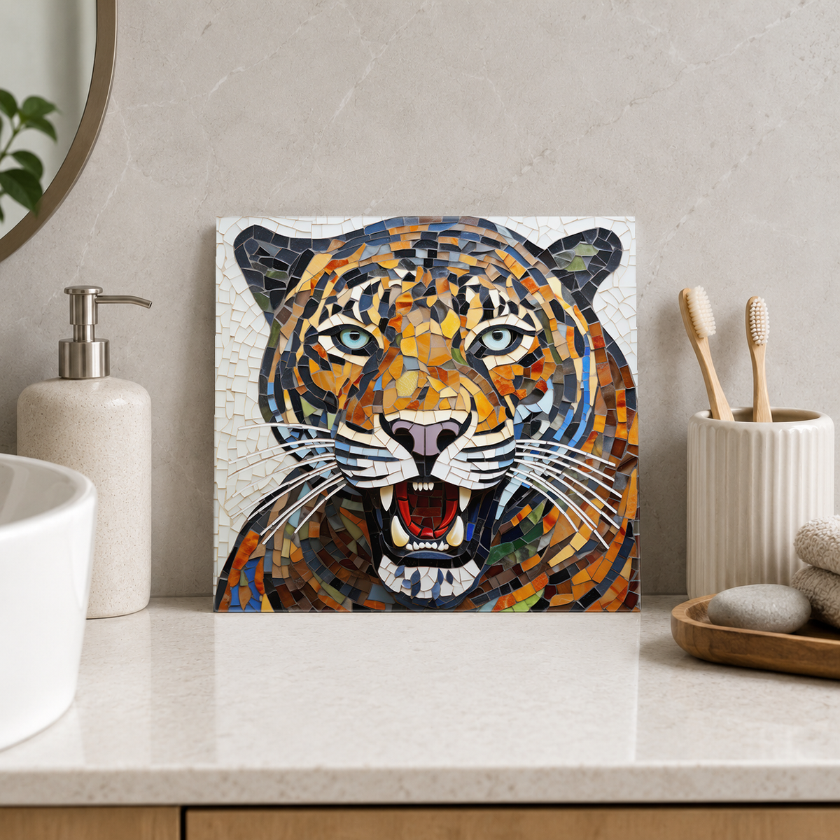 Roaring Leopard Portrait Tile displayed in the bathroom tile mock-up