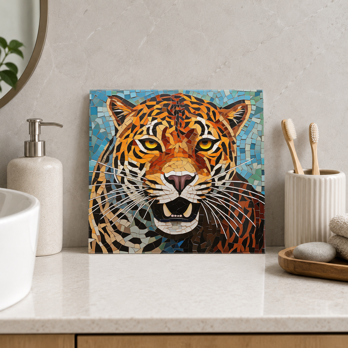 Roaring Tiger on Blue Tile displayed in the bathroom tile mock-up