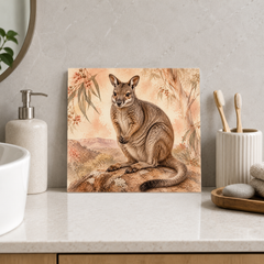 Rocky Lookout Wallaby ceramic decorative tile in Warm Country, shown in a room mockup