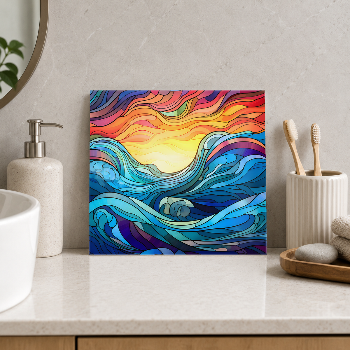 Rolling Blue Waves beneath Pink Sky Tile displayed in the bathroom tile mock-up