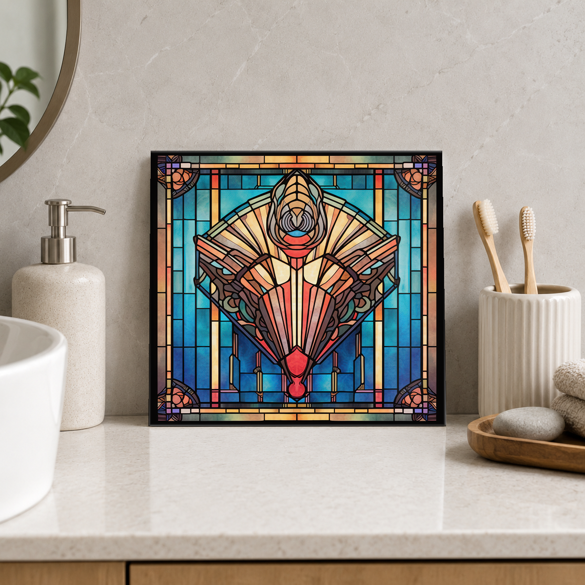 Rose and Ivory Feather Fan Tile displayed in the bathroom tile mock-up