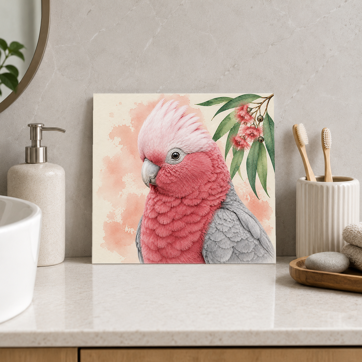 Rose Galah ceramic decorative tile in Pop Color, shown in a room mockup