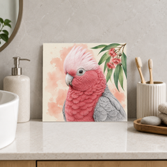 Rose Galah ceramic decorative tile in Pop Color, shown in a room mockup
