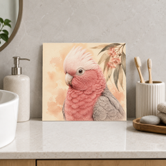 Rose Galah ceramic decorative tile in Warm Country, shown in a room mockup