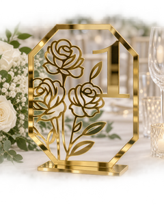 Rose Garden Octagon Table Number in gold mirror acrylic with flat base
