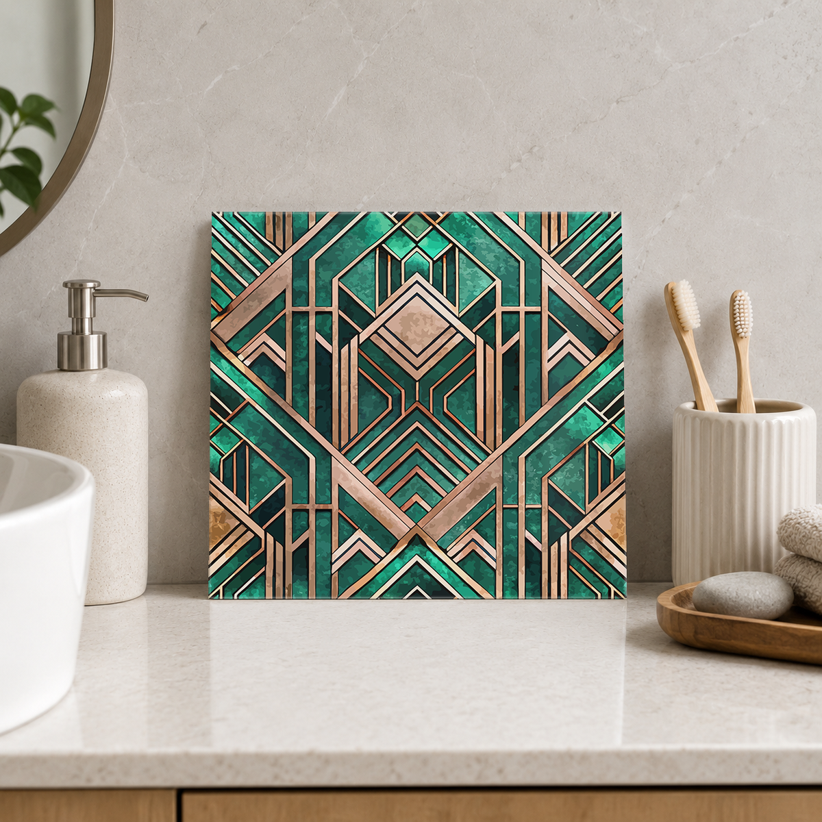 Rose Gold Emerald Lattice Tile displayed in the bathroom tile mock-up