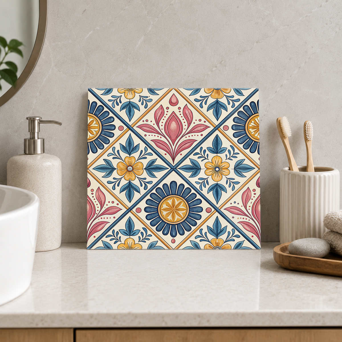 Rose Leaves and Ochre Daisy Diamonds Tile displayed in the bathroom tile mock-up