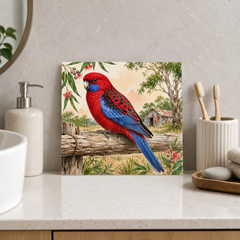 Rosella at the Bush Fence ceramic decorative tile in Pop Color, shown in a room mockup
