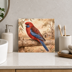 Rosella at the Bush Fence ceramic decorative tile in Warm Country, shown in a room mockup