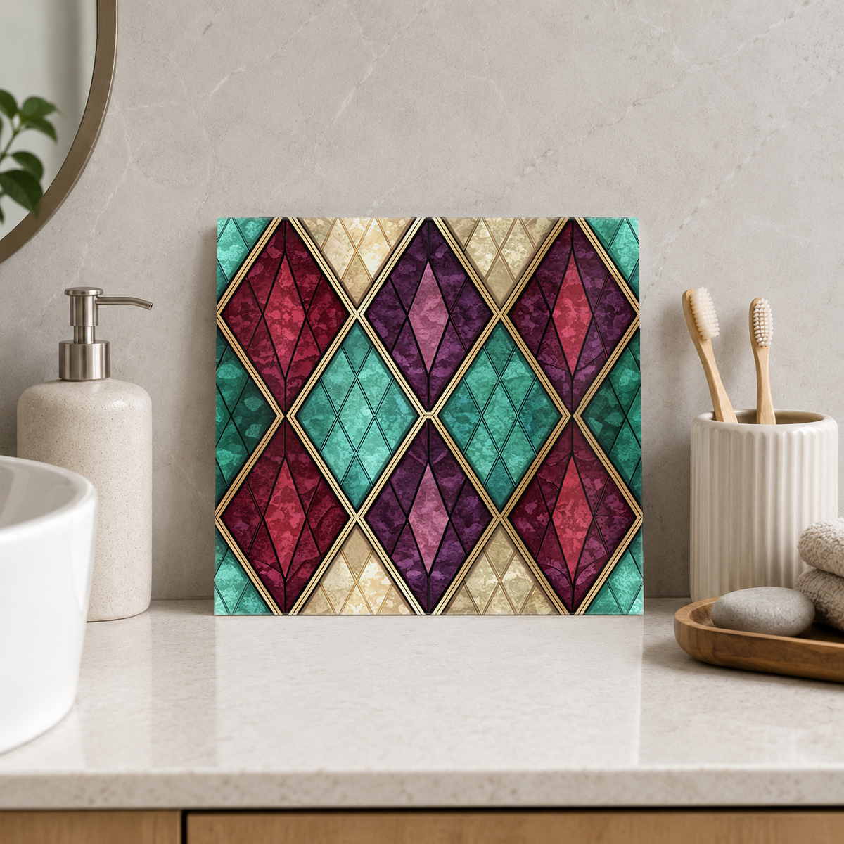 Ruby Amethyst and Aqua Harlequin Tile displayed in the bathroom tile mock-up