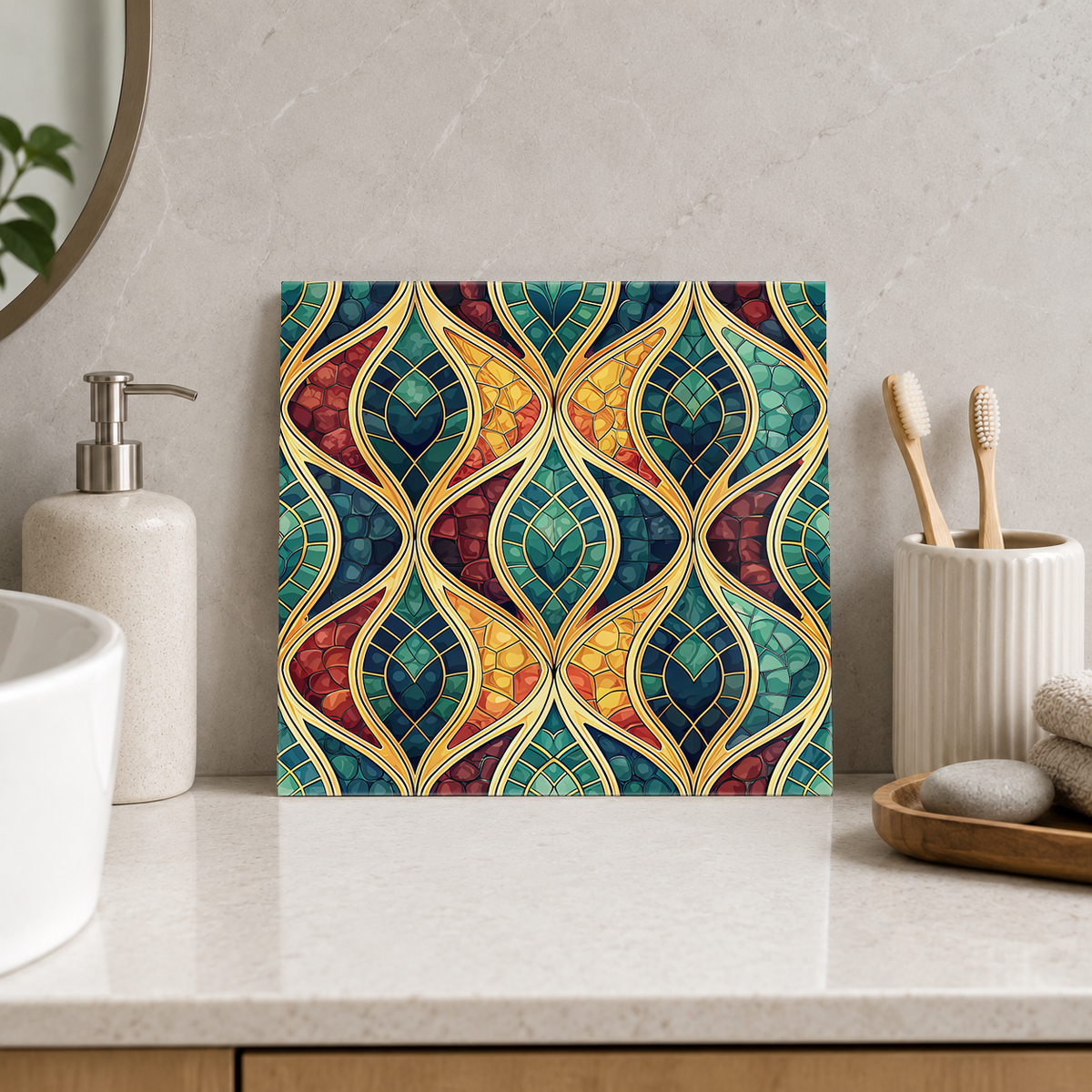 Ruby and Emerald Leaf Ogee Tile displayed in the bathroom tile mock-up