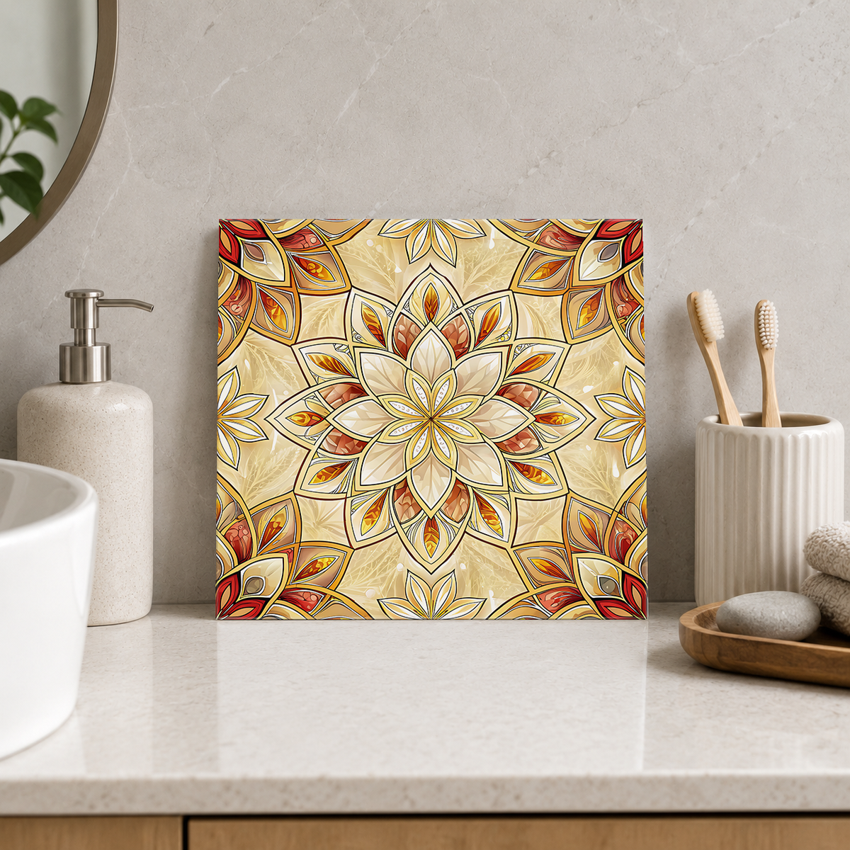 Ruby and Gold Floral Mandala Tile displayed in the bathroom tile mock-up