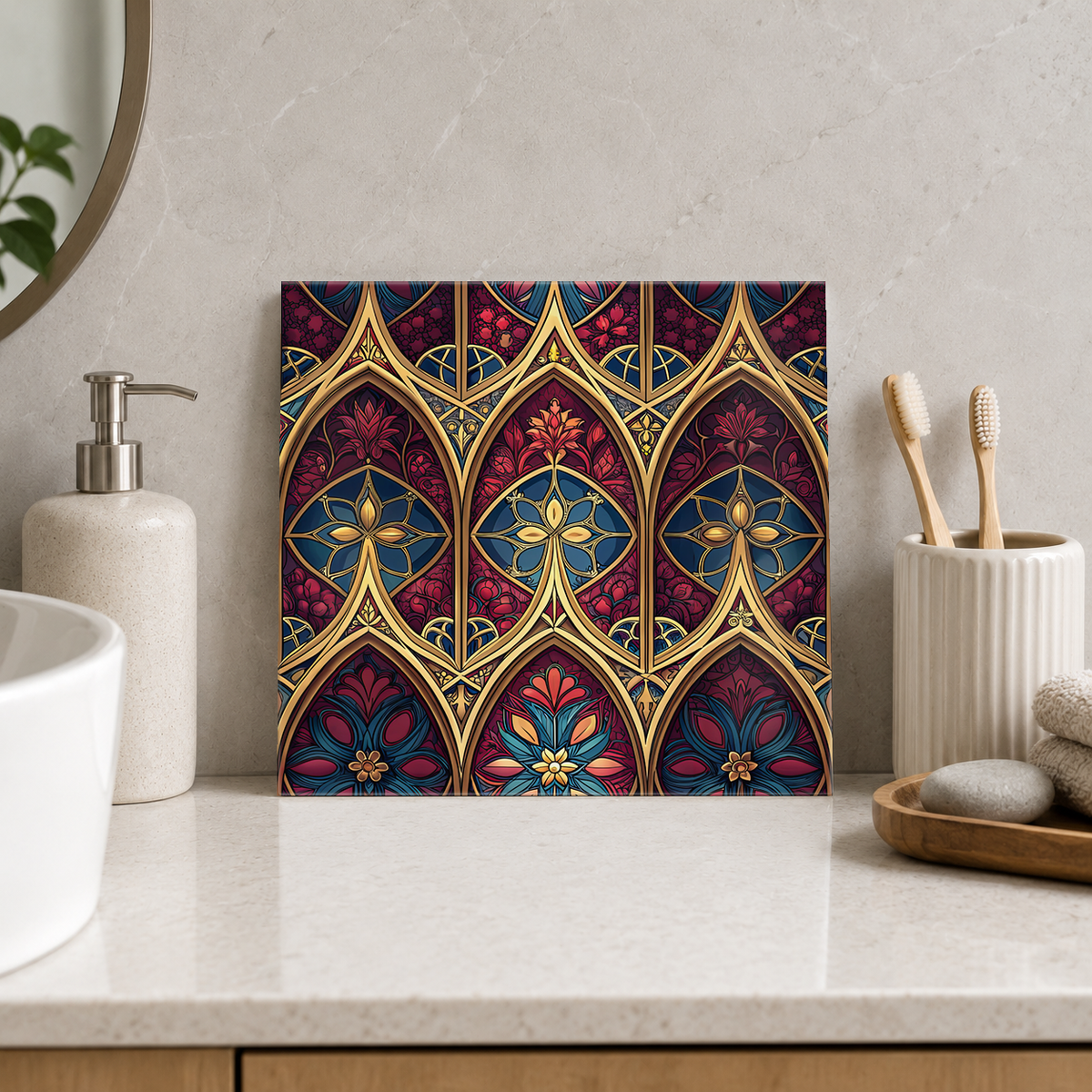 Ruby and Sapphire Gothic Petals Tile displayed in the bathroom tile mock-up