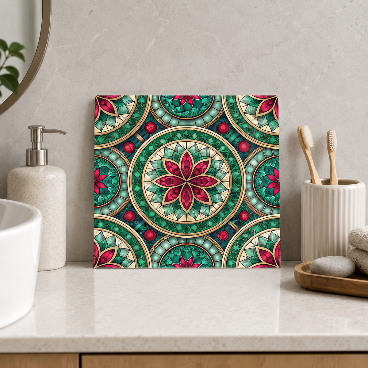 Ruby Flower in Emerald Circles Tile displayed in the bathroom tile mock-up