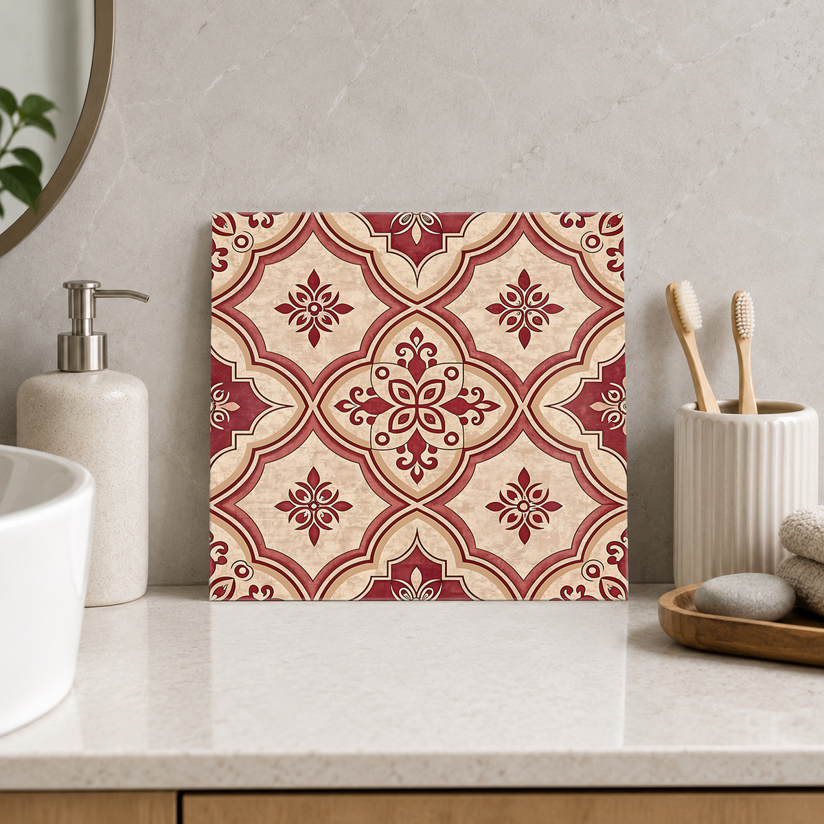 Rust Floral Quatrefoil on Cream Tile displayed in the bathroom tile mock-up