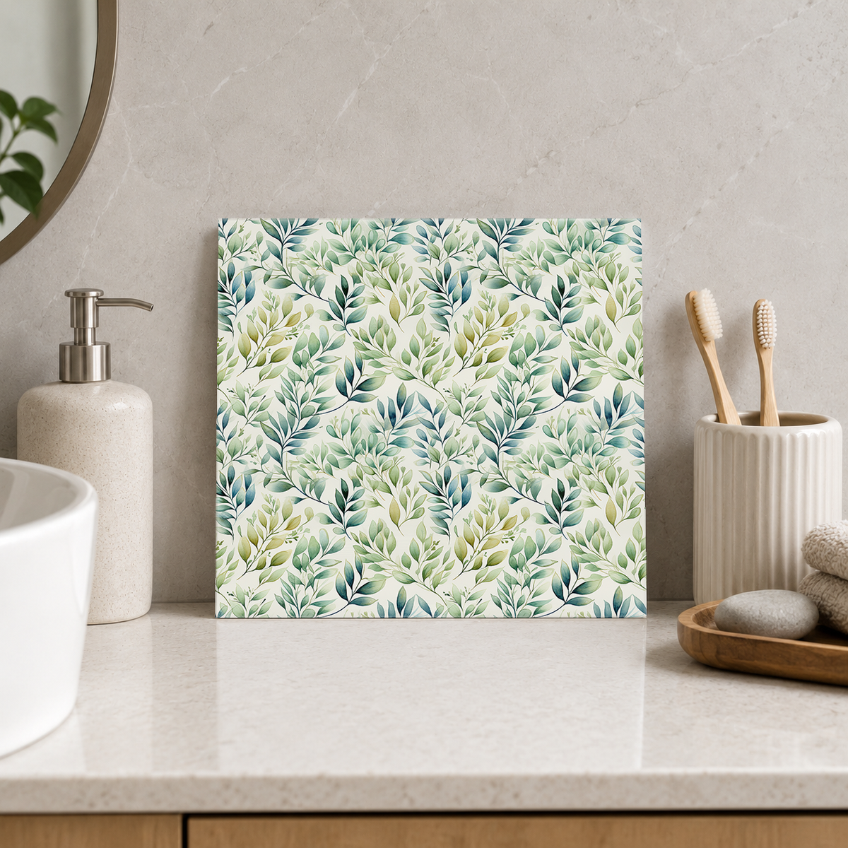 Sage and Teal Leaf Sprigs Tile displayed in the bathroom tile mock-up