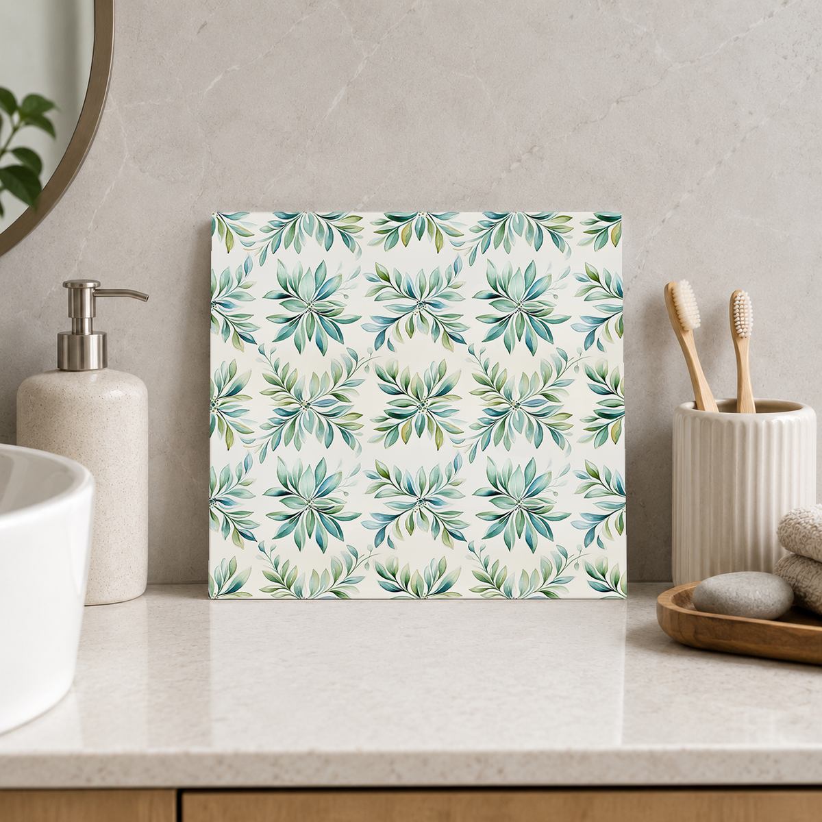 Sage Leaf Rosettes Tile displayed in the bathroom tile mock-up