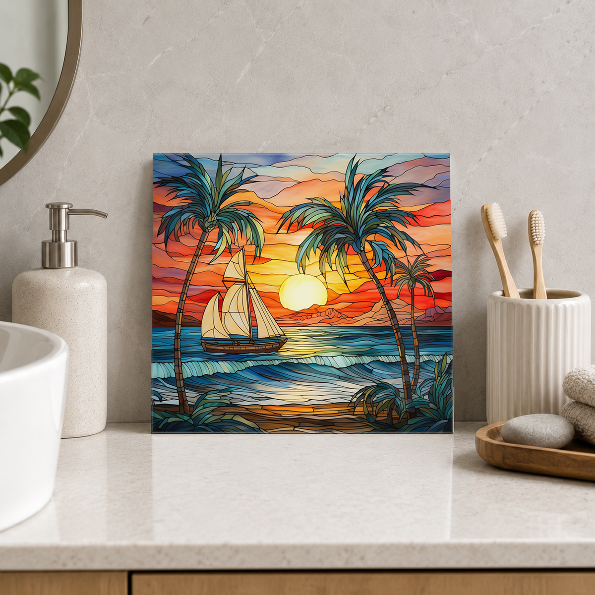 Sailboat and Leaning Palms Tile displayed in the bathroom tile mock-up
