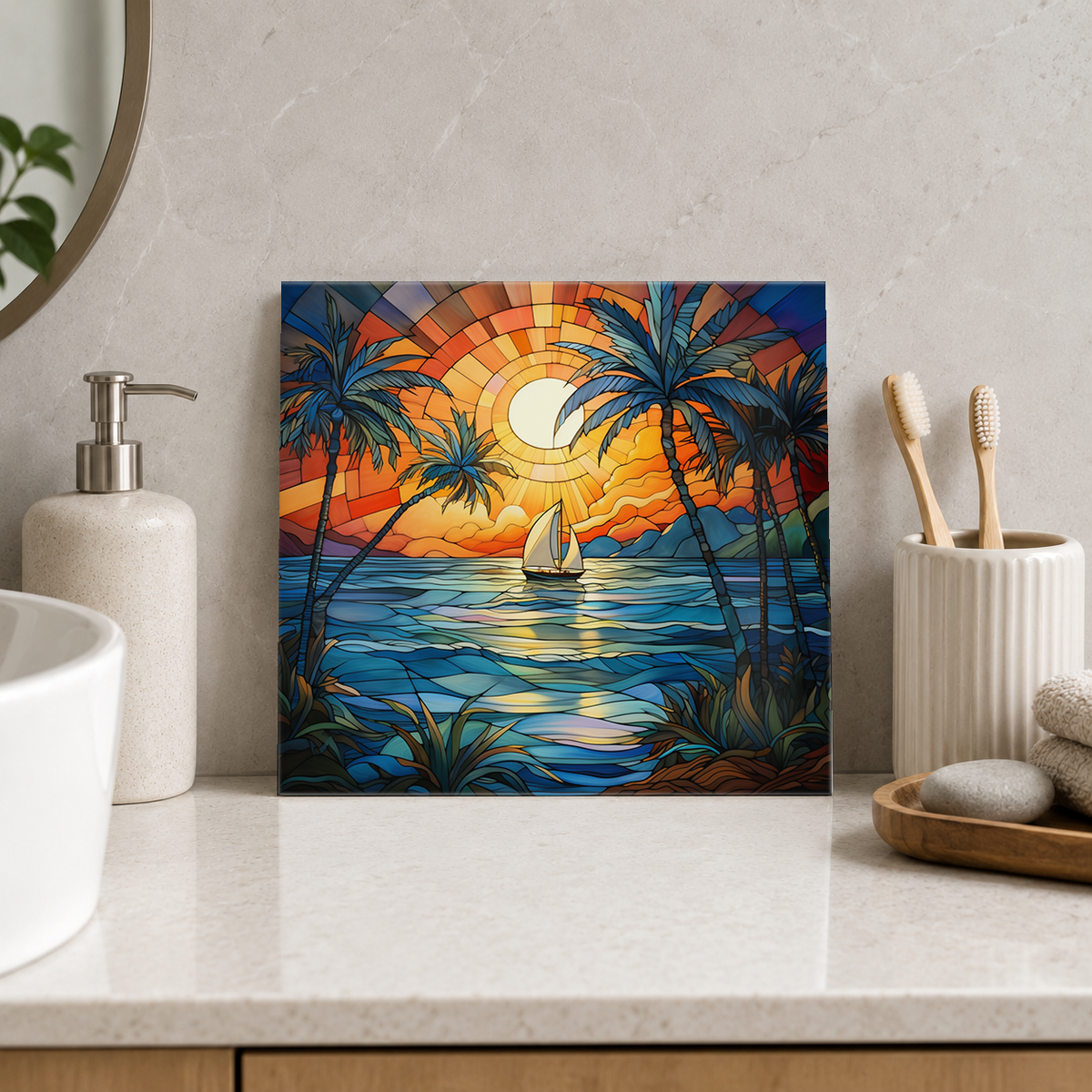 Sailboat beneath Golden Spiral Sun Tile displayed in the bathroom tile mock-up