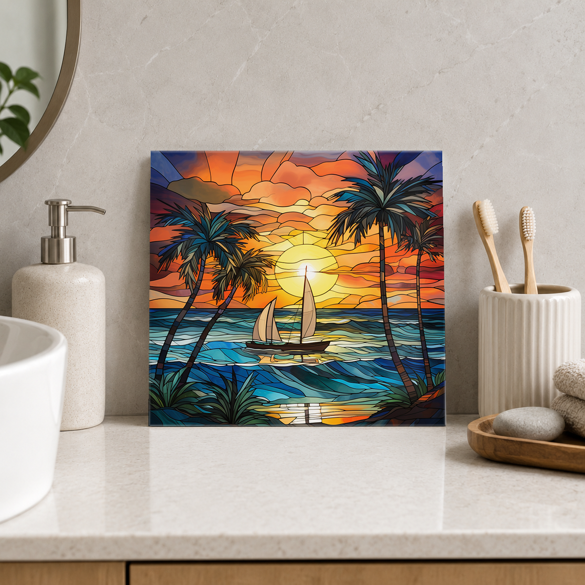 Sailboat between Palms at Sunset Tile displayed in the bathroom tile mock-up