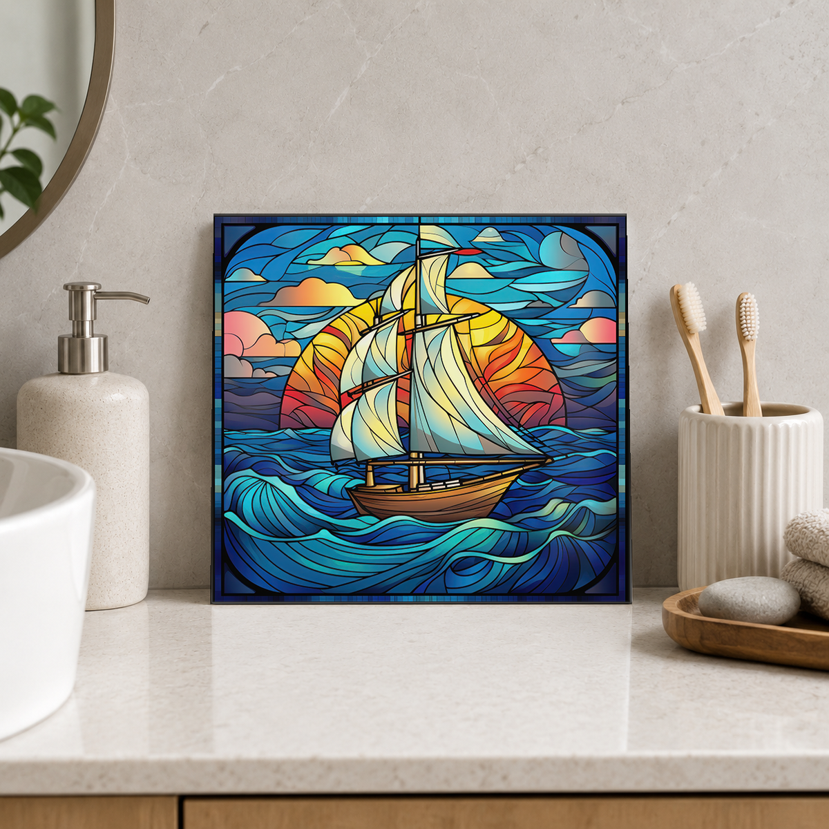 Sailboat on Curling Blue Waves Tile displayed in the bathroom tile mock-up