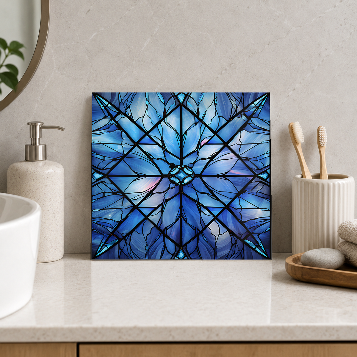 Sapphire Angular Star Tile displayed in the bathroom tile mock-up