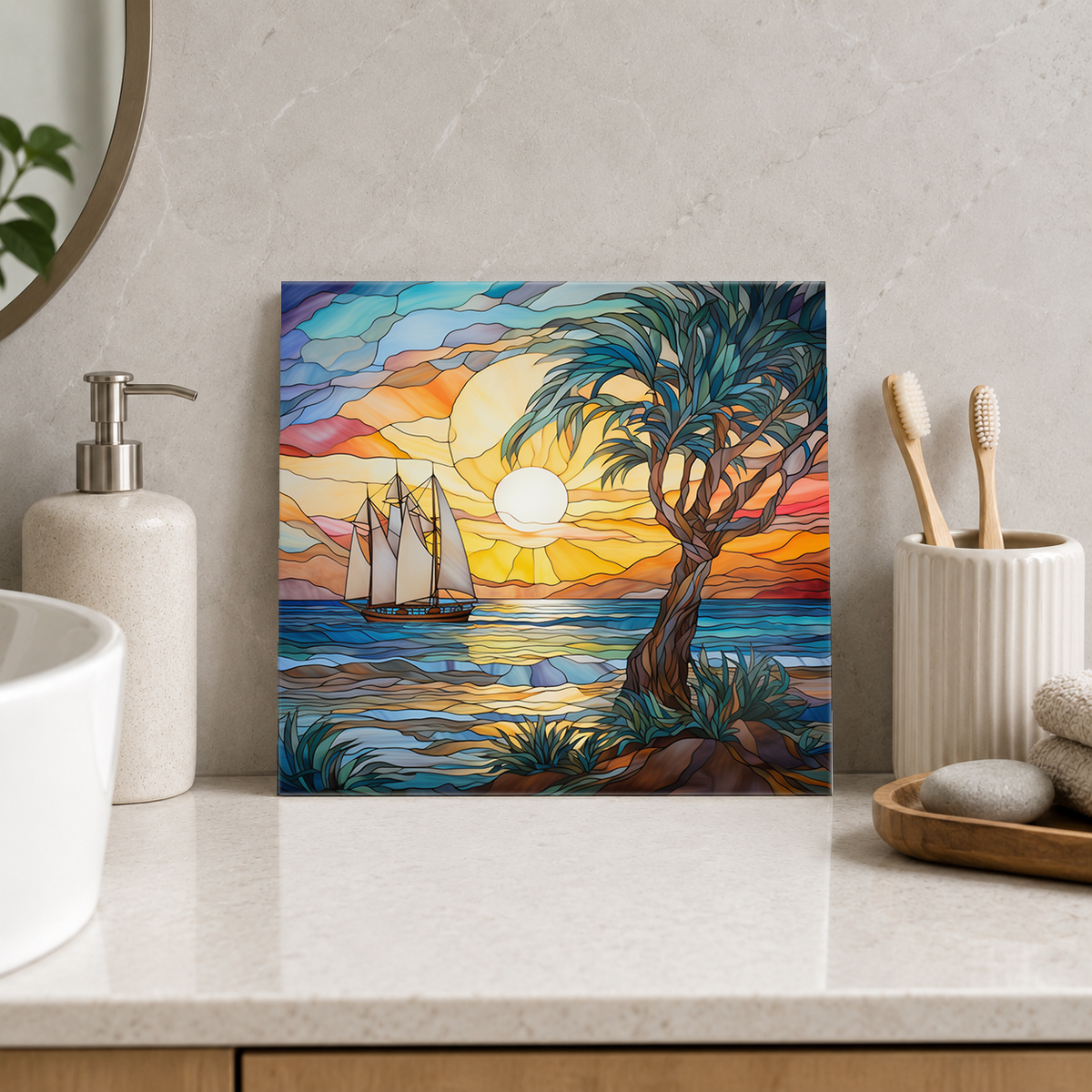 Schooner beside Coastal Tree at Sunset Tile displayed in the bathroom tile mock-up